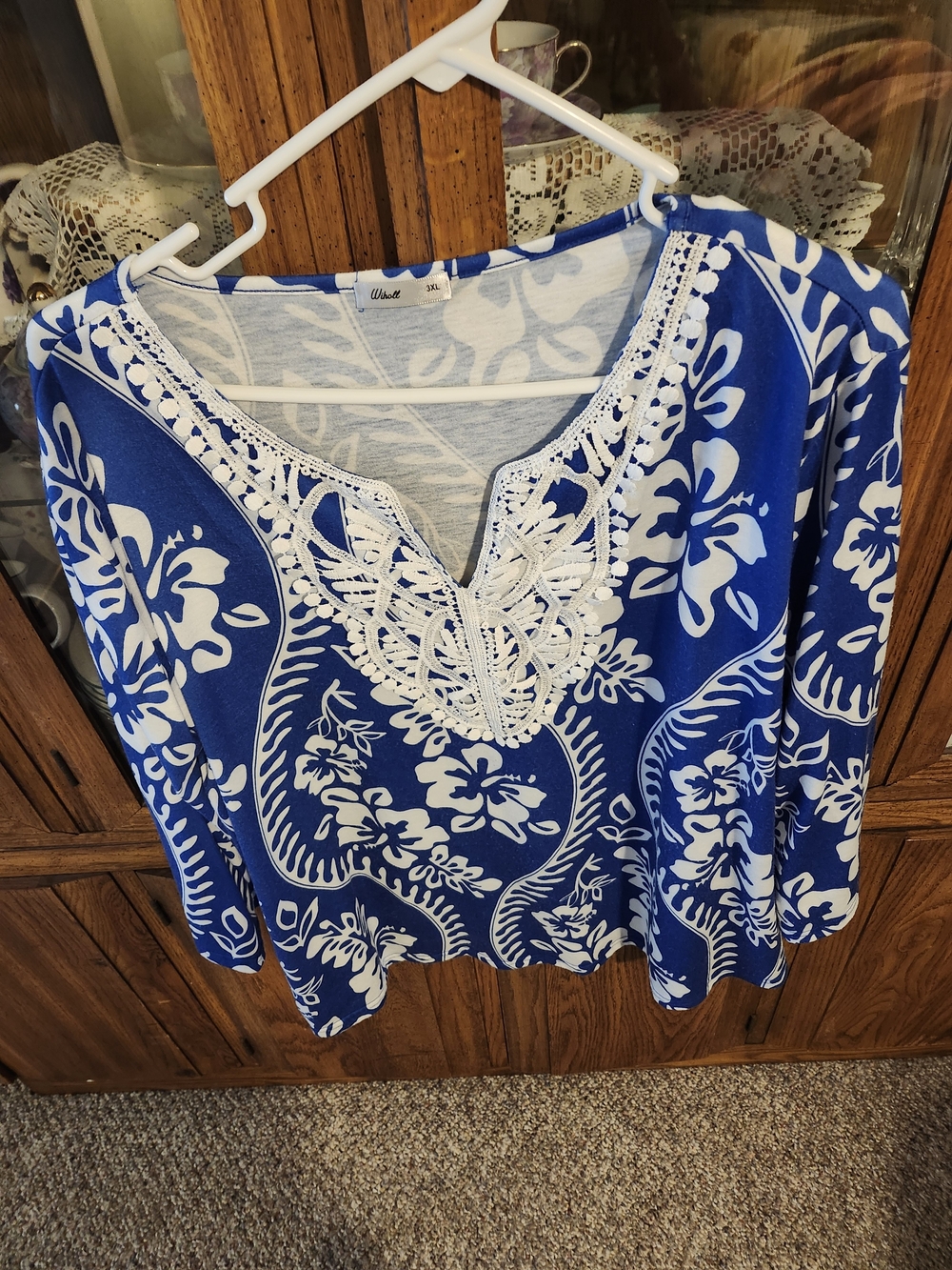 White Stitched V-Neck Floral Top in Royal Blue - Womens